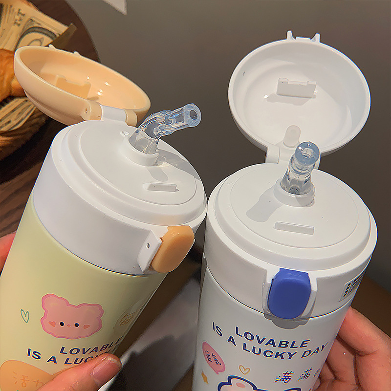 380ML每日开心保温杯时尚小巧卡通图案简约弹盖水杯