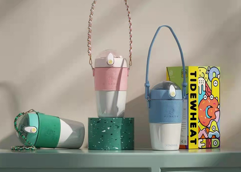 380ML潮麦吸管保温杯小清新个性潮流弹盖背带水杯