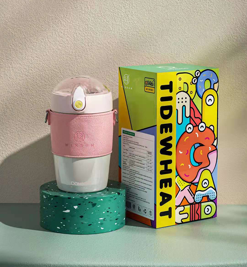 380ML潮麦吸管保温杯小清新个性潮流弹盖背带水杯