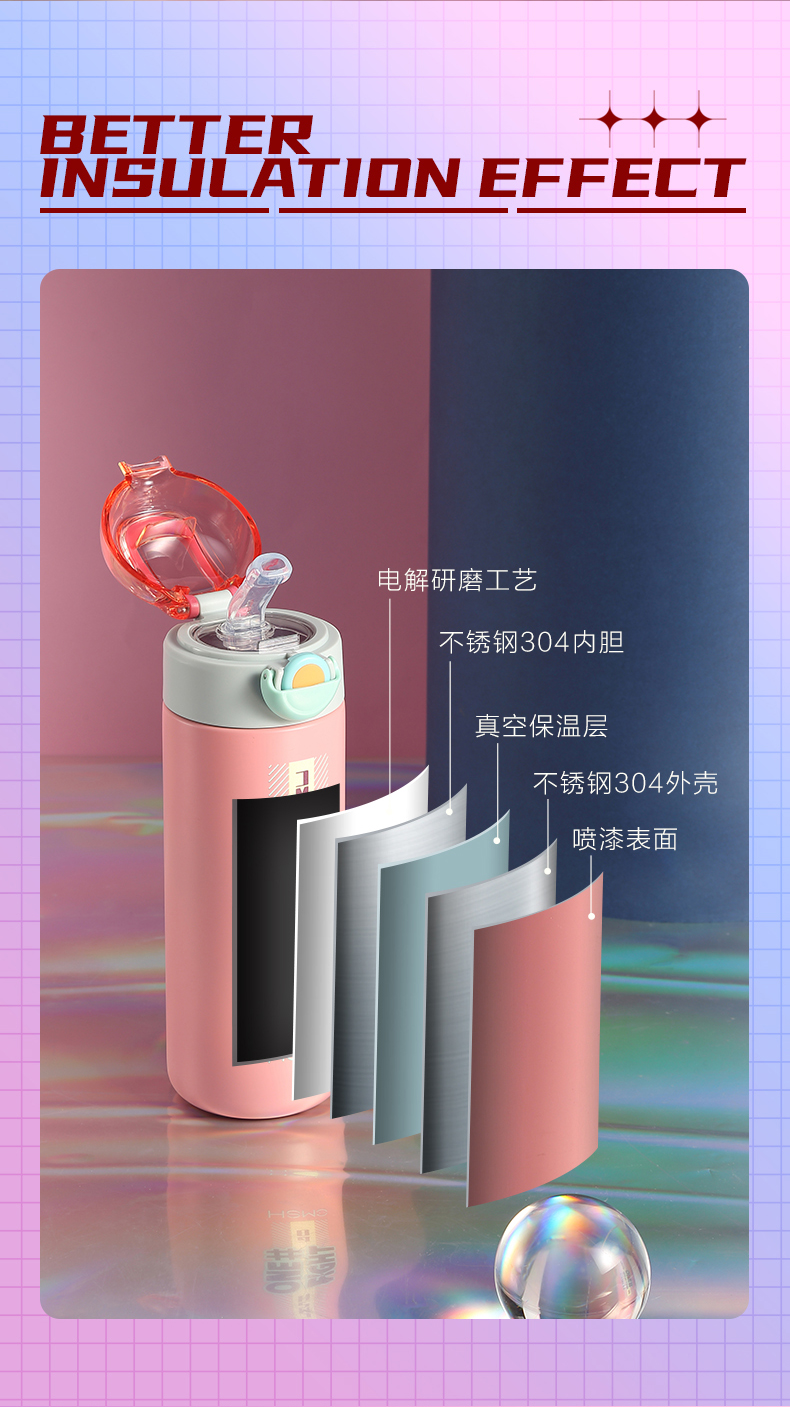 420ML潮流英文弹盖保温杯吸管杯便携304不锈钢水杯