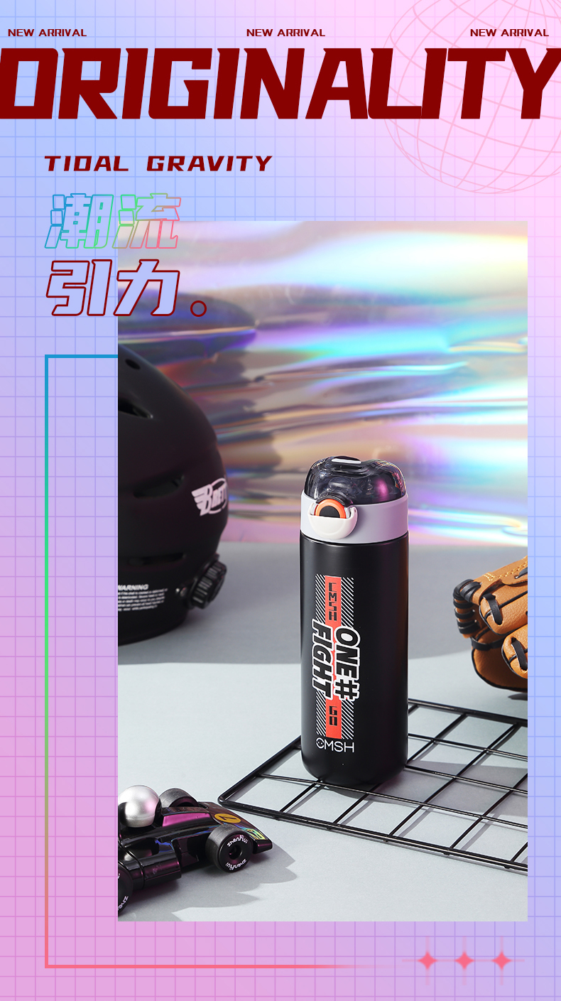 420ML潮流英文弹盖保温杯吸管杯便携304不锈钢水杯