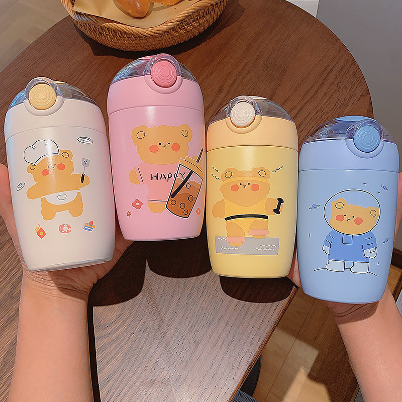300ML可爱小熊系列保温杯便携随手弹盖式吸管学生杯
