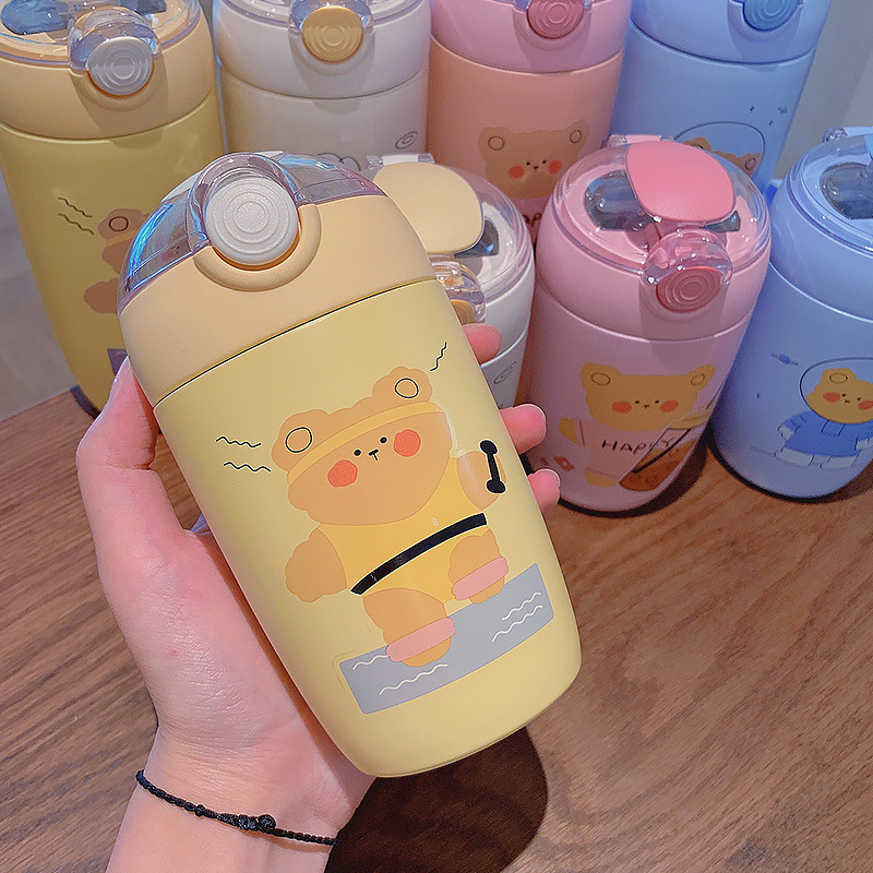 300ML可爱小熊系列保温杯便携随手弹盖式吸管学生杯