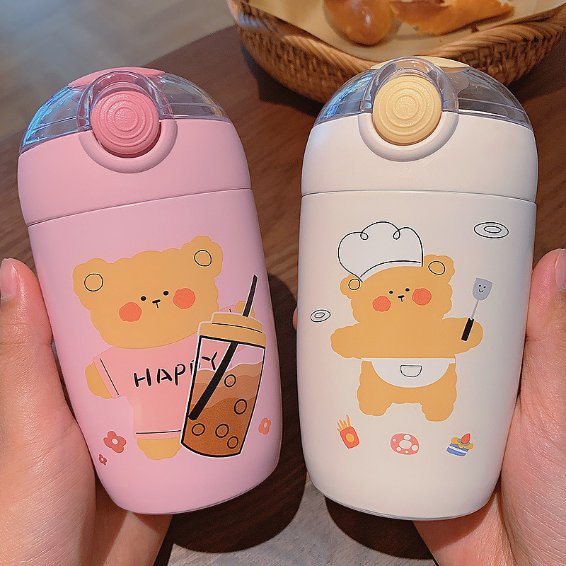 300ML可爱小熊系列保温杯便携随手弹盖式吸管学生杯