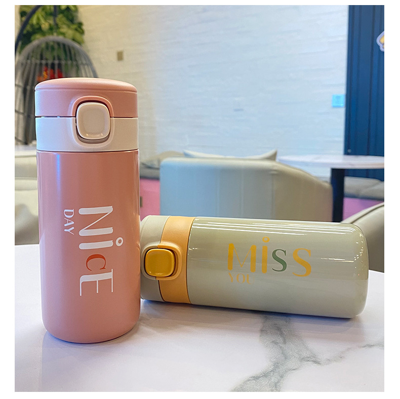 280ML字母时尚弹盖保温杯304不锈钢小清新直身水杯