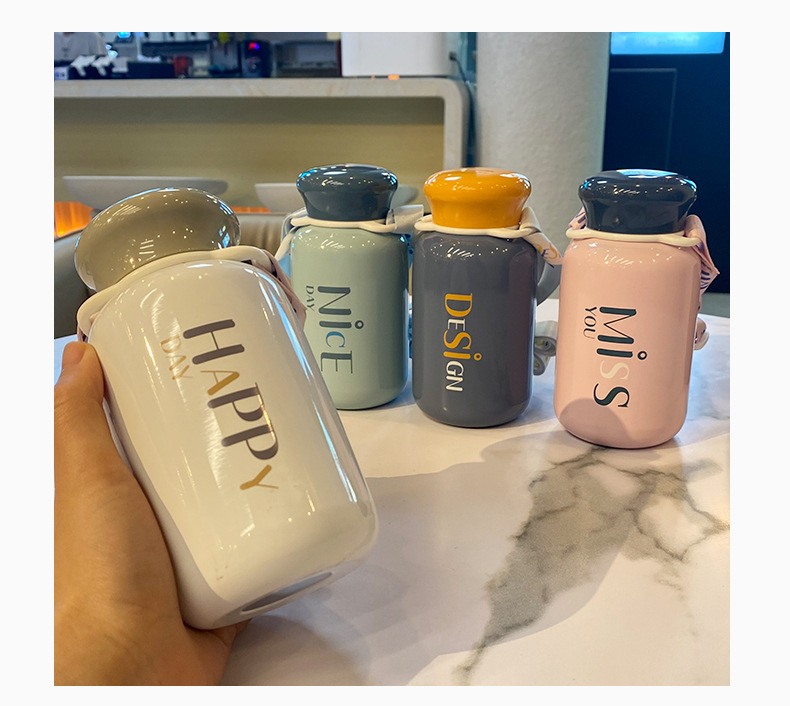 320ML时尚英文背带保温杯304不锈钢潮流纯色直身杯子