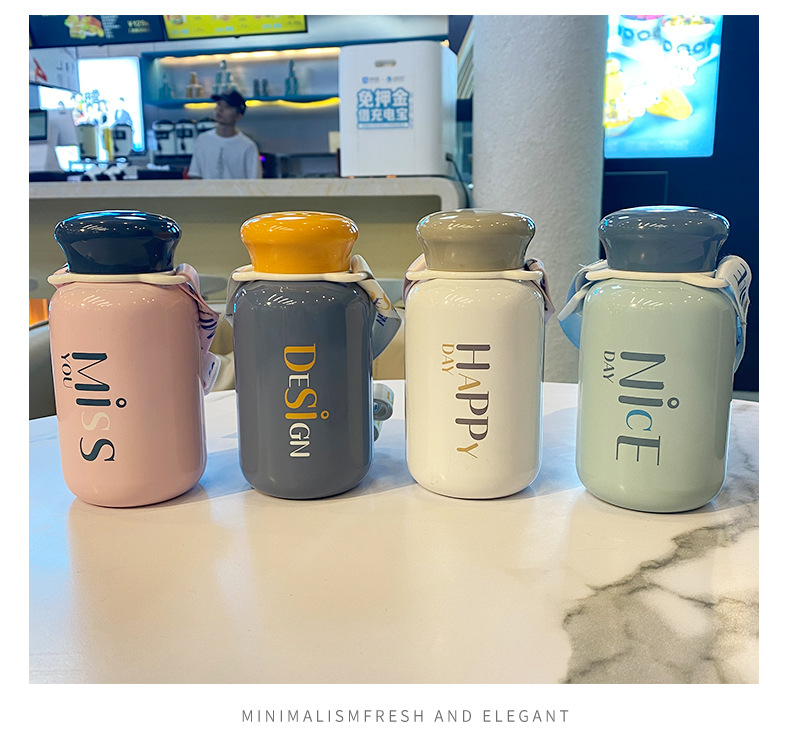 320ML时尚英文背带保温杯304不锈钢潮流纯色直身杯子