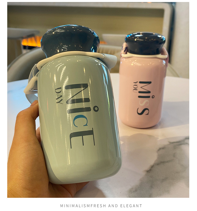 320ML时尚英文背带保温杯304不锈钢潮流纯色直身杯子