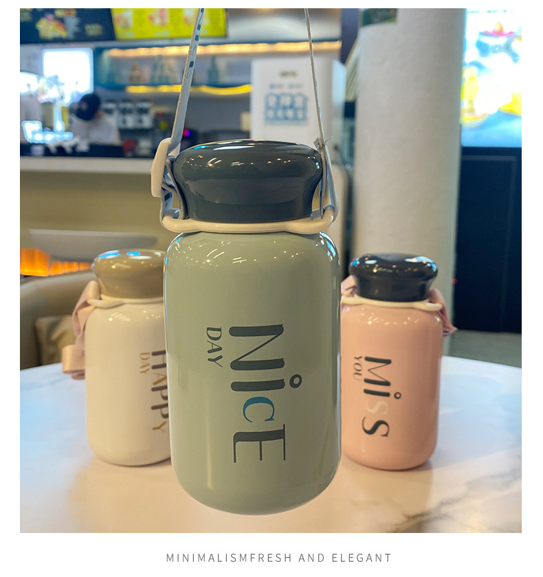 320ML时尚英文背带保温杯304不锈钢潮流纯色直身杯子