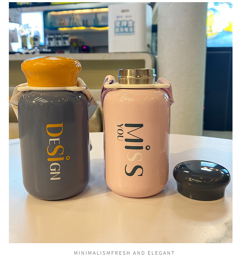 320ML时尚英文背带保温杯304不锈钢潮流纯色直身杯子