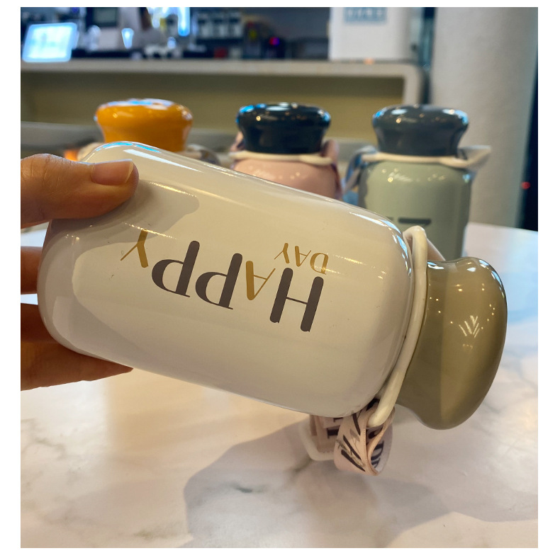 320ML时尚英文背带保温杯304不锈钢潮流纯色直身杯子