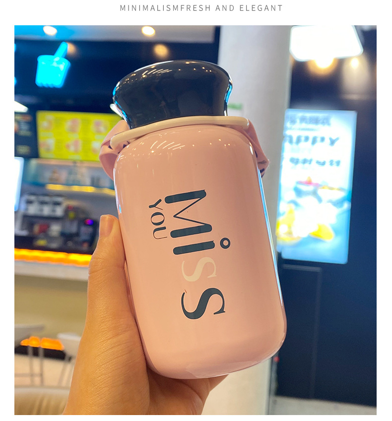 320ML时尚英文背带保温杯304不锈钢潮流纯色直身杯子