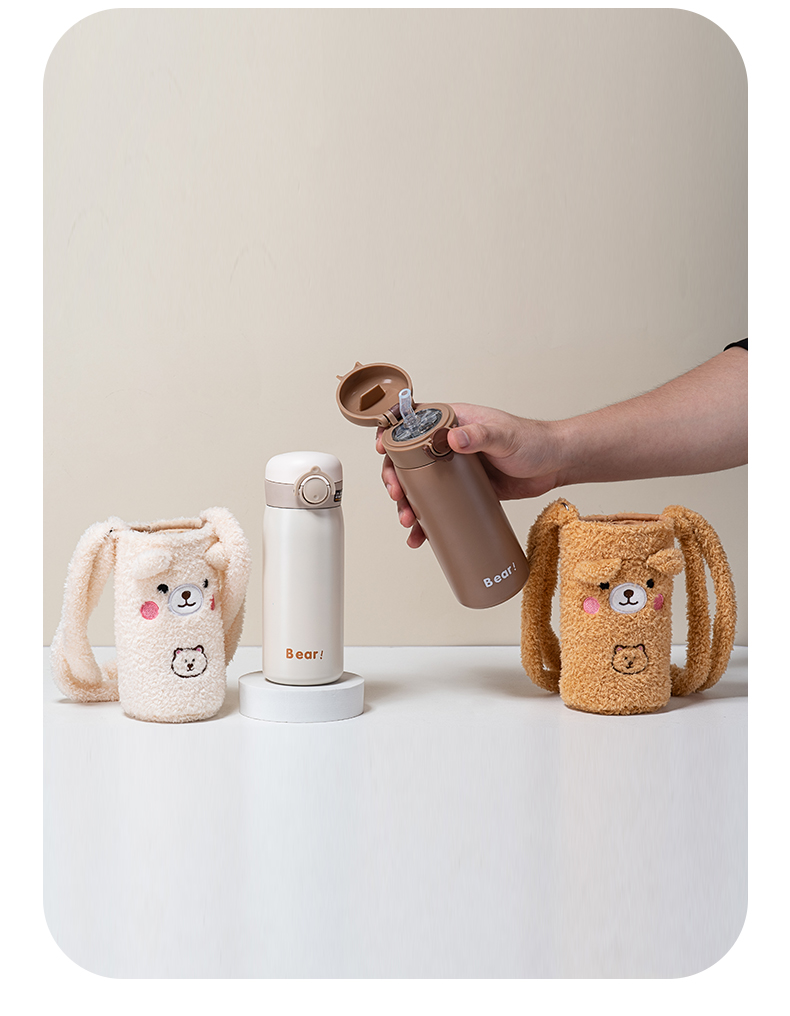 350ML美乐小熊全脸毛绒套保温杯304不锈钢吸管水杯