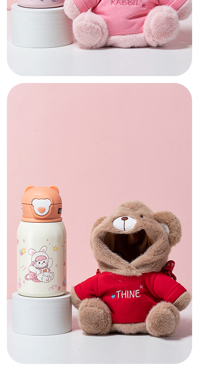 450ML卡通毛绒小熊单盖儿童保温杯316不锈钢吸管杯
