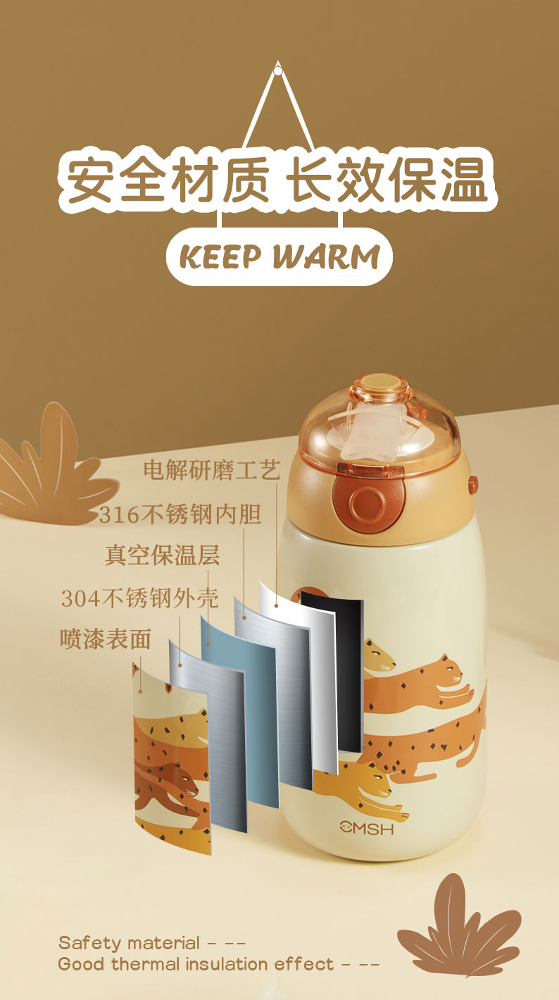 510ML3D萌宠动物保温杯316不锈钢保温壶带吸管水杯