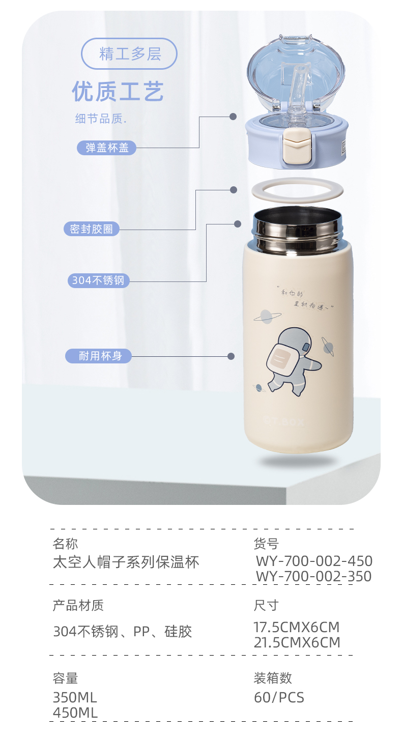 450ML太空人帽子系列保温杯304不锈钢透明盖水杯