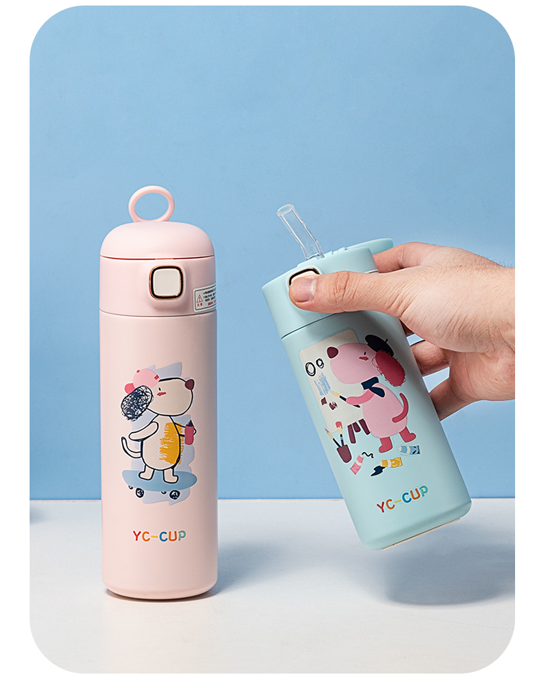 350ML创意涂鸦吸管保温杯304不锈钢便携提手杯子