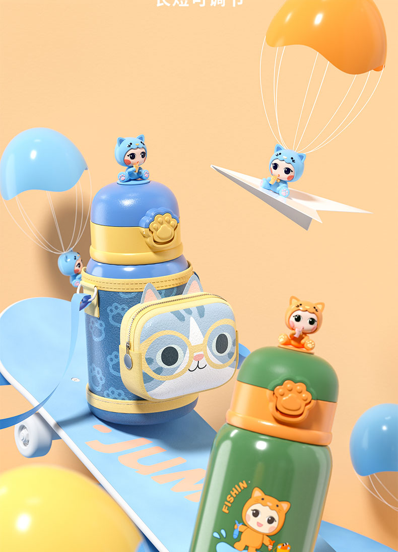 500ML猫可可游园记儿童保温杯304不锈钢可爱吸管杯