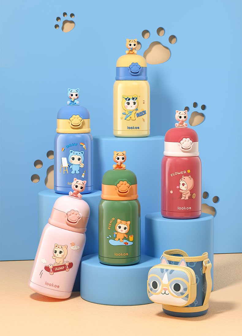 500ML猫可可游园记儿童保温杯304不锈钢可爱吸管杯