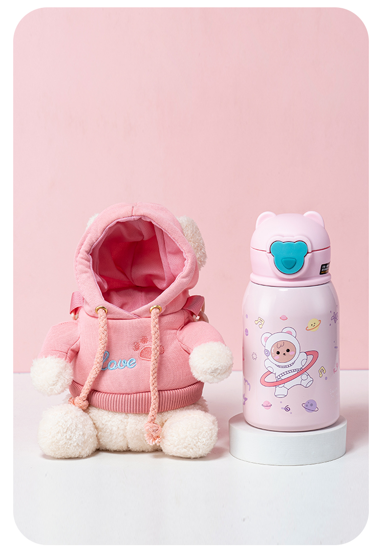 450ML卫衣小熊单盖儿童保温杯316不锈钢可爱吸管杯
