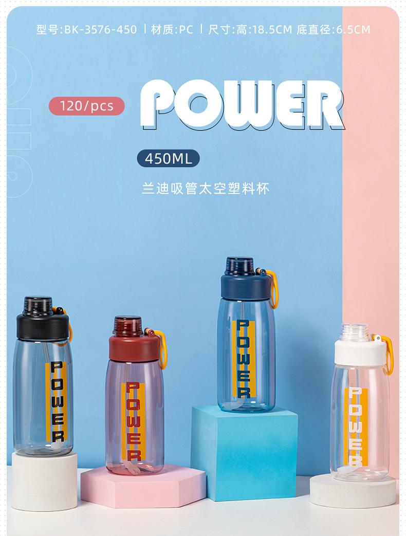 450ML兰迪吸管太空塑料杯户外运动便携提绳随手杯