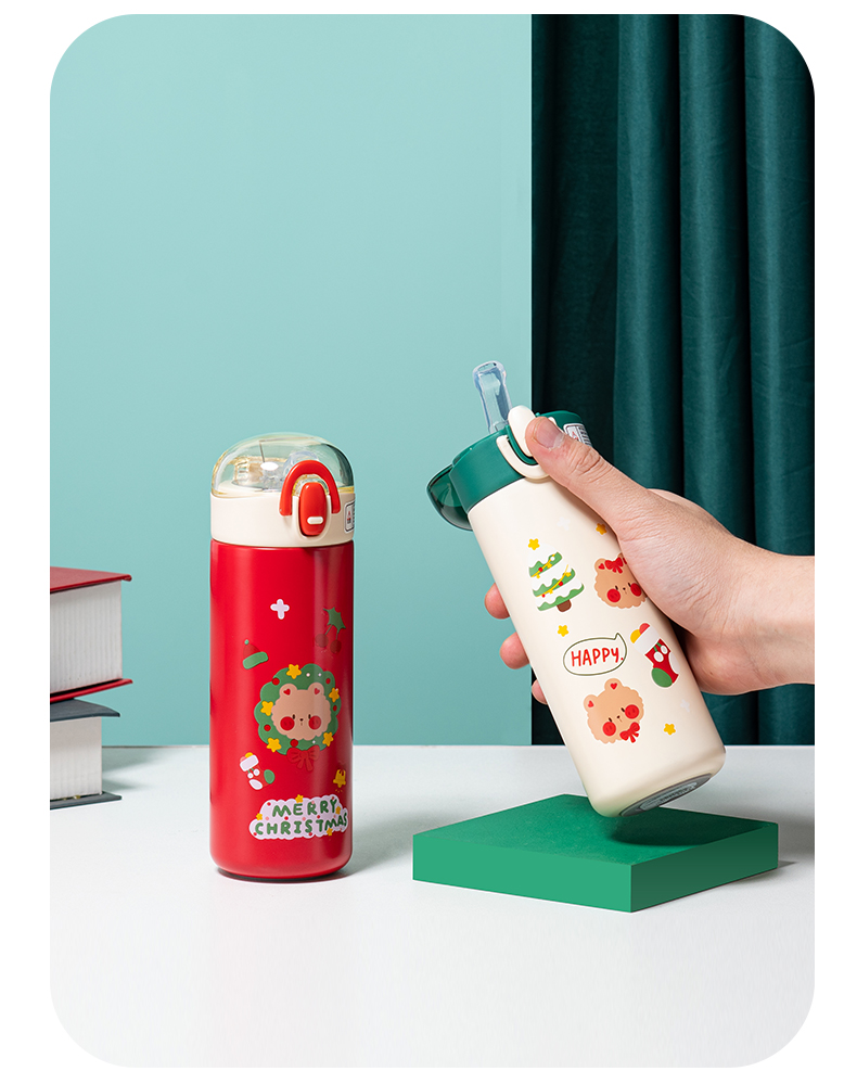 420ML圣诞熊熊保温杯304不锈钢弹跳盖节日礼品杯子
