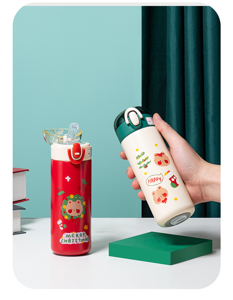 420ML圣诞熊熊保温杯304不锈钢弹跳盖节日礼品杯子