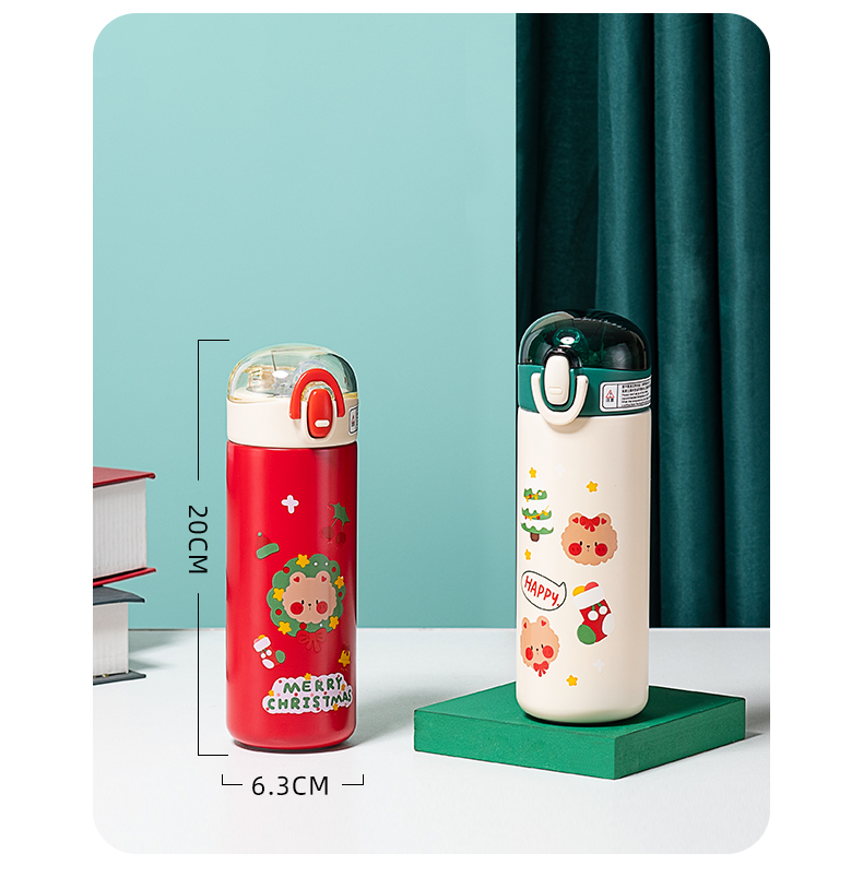420ML圣诞熊熊保温杯304不锈钢弹跳盖节日礼品杯子