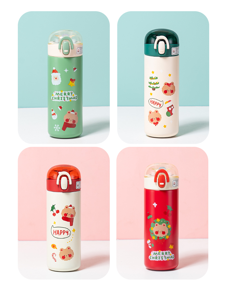 420ML圣诞熊熊保温杯304不锈钢弹跳盖节日礼品杯子