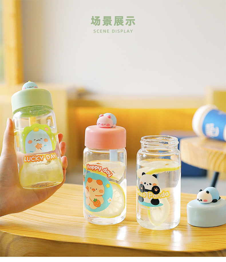 300ML趴趴动物玻璃杯可爱少女心饮水杯硅胶提绳随手杯
