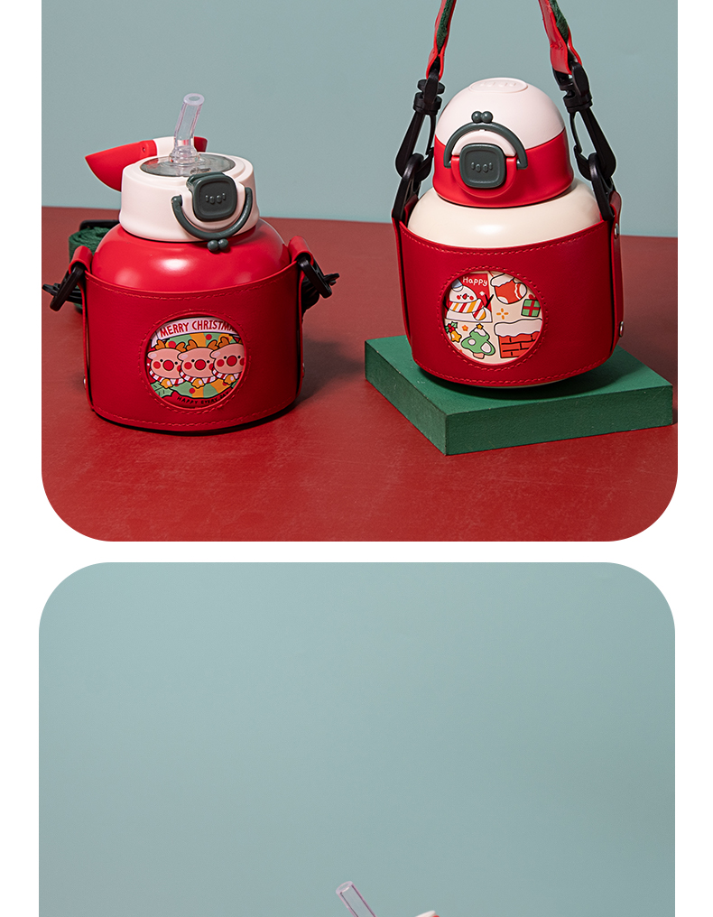 480ML卡通圣诞款背带保温杯316不锈钢弹跳盖大肚杯