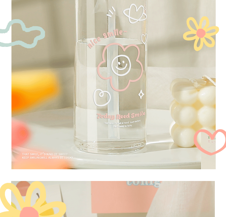 420ML今日微笑吸管玻璃杯带感温可爱少女弹盖情侣杯