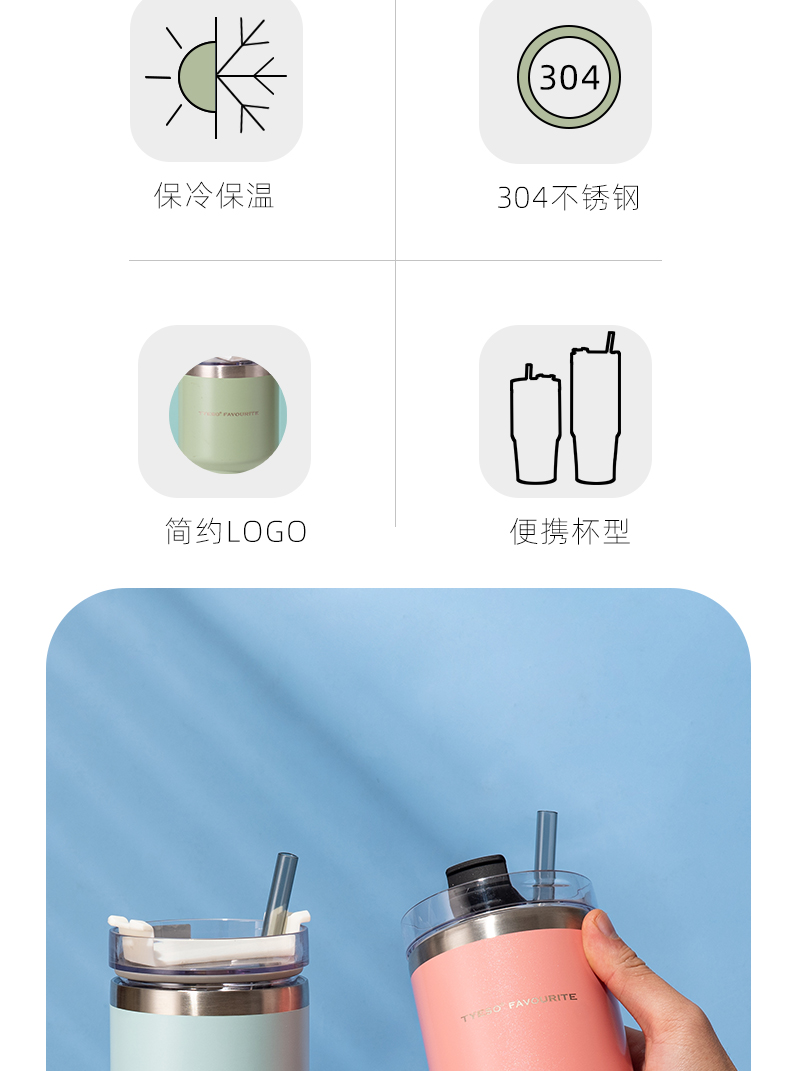 600ML大容量12#咖啡杯304不锈钢车载保温杯带吸管