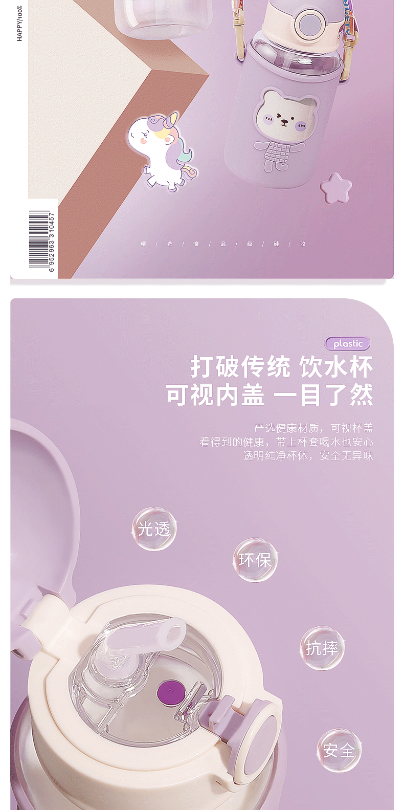 620ML网红吨吨熊儿童塑料杯大容量可爱卡通吸管水杯
