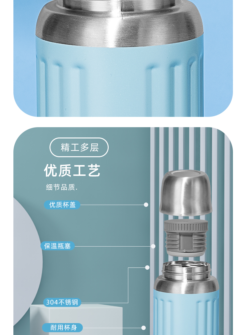 750ML大容量经典条纹水瓶304不锈钢直身保温杯