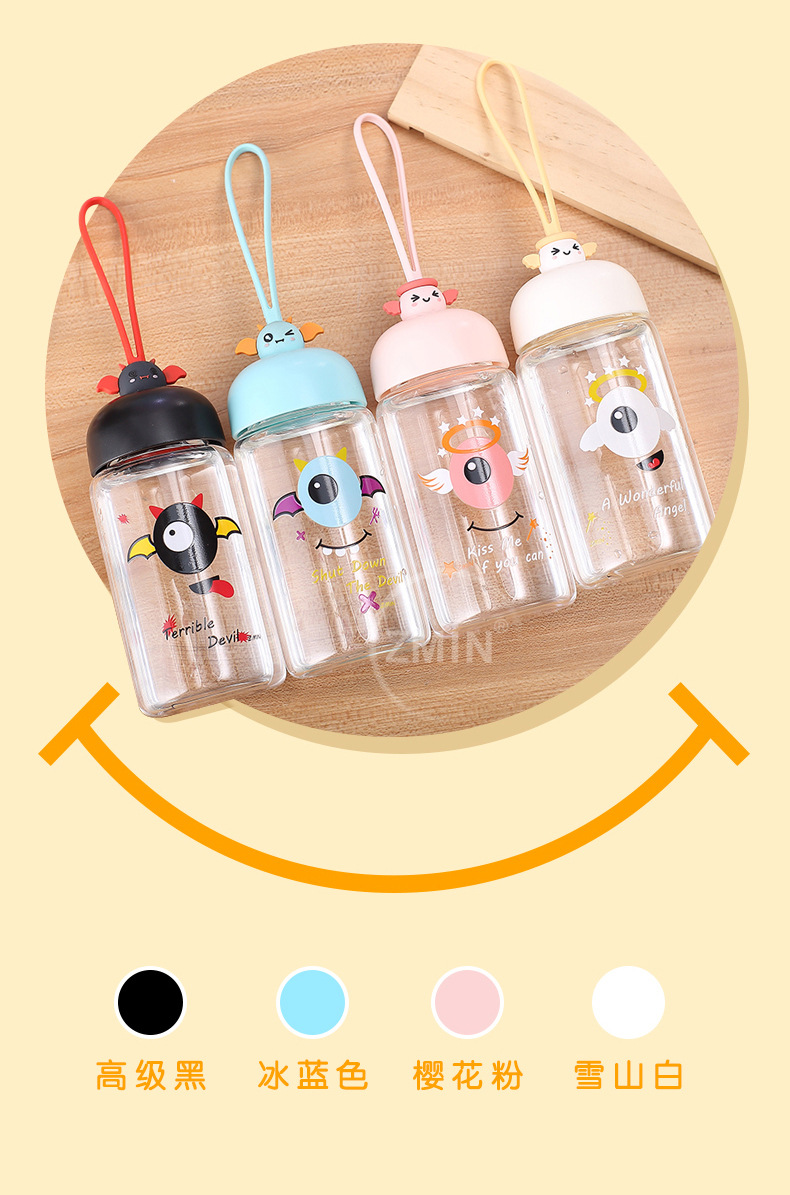 230ML卡通天使与恶魔时尚玻璃杯学生小清新便携水杯