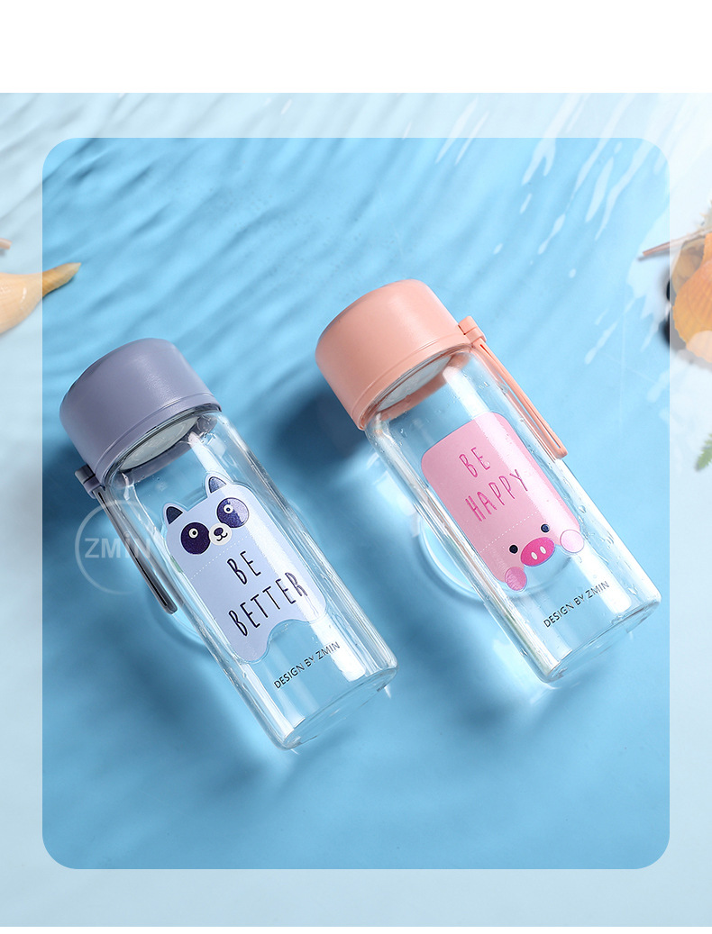 320ML萌萌方块动物时尚玻璃杯可爱森系男女学生水杯