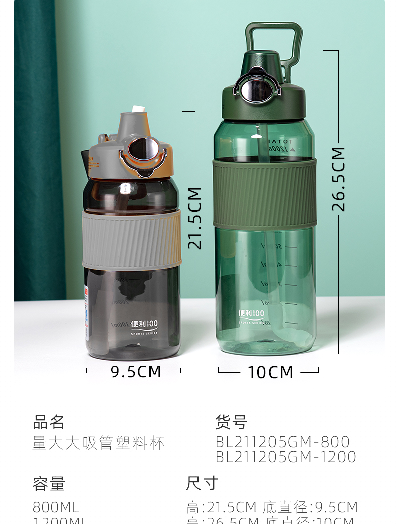 1200ML量大大吸管塑料杯大容量户外旅行运动水杯子