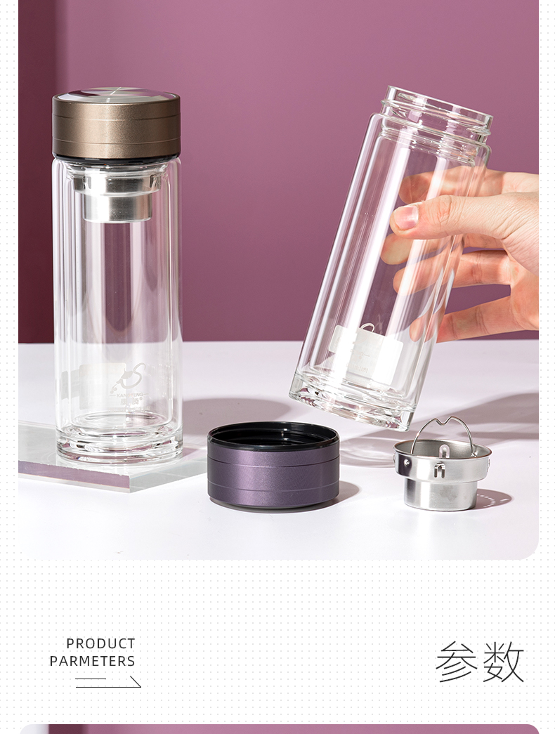 360ML简约商务玻璃杯男士双层泡茶水杯办公礼品杯子