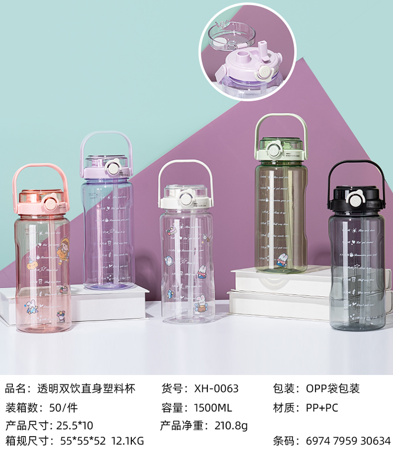 1500ML透明双饮直身塑料杯（OPP袋）