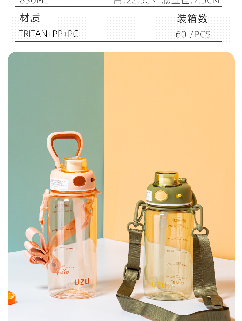 830MLUZU集结运动塑料杯Tritan大容量健身水杯（彩盒）