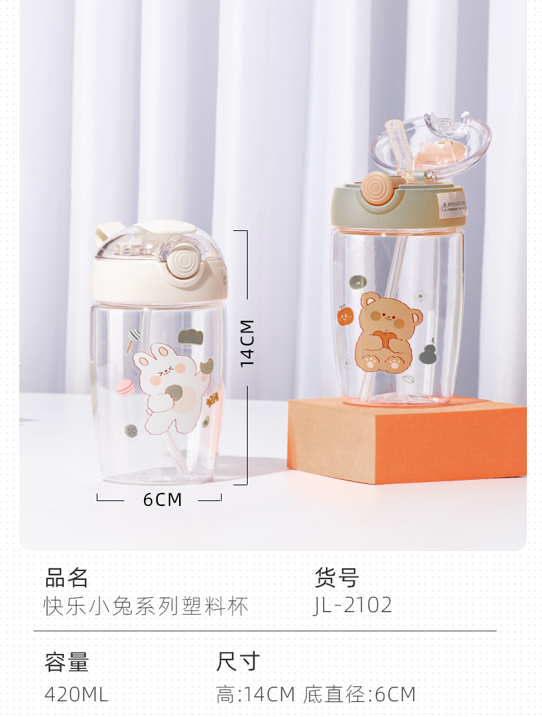 420ML快乐小兔系列塑料杯可爱弹跳盖吸管水杯(彩盒）