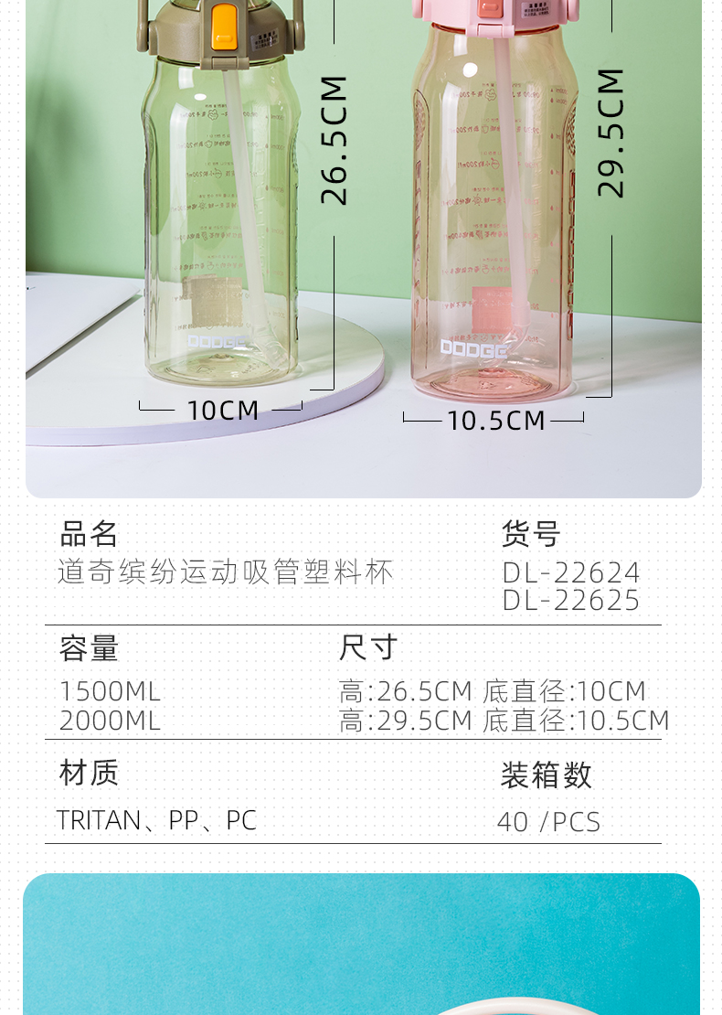 1.5L道奇缤纷运动吸管塑料杯大容量Tritan户外旅行水杯