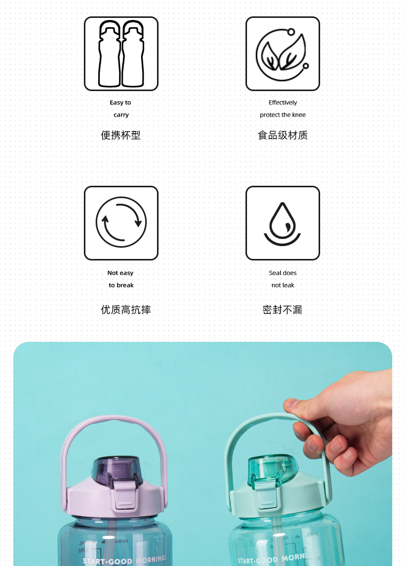 2000ML透明大容量太空塑料杯户外运动旅行水壶(opp袋）