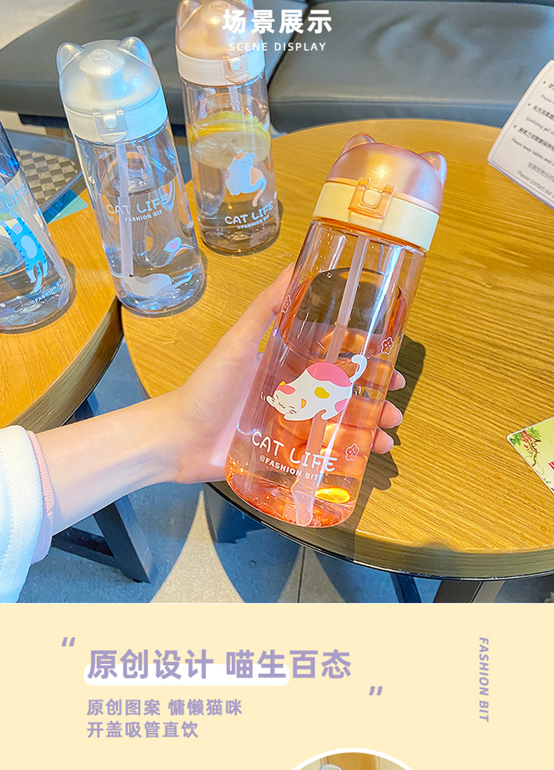 500ML卡通喵生百态塑料杯弹跳盖清新可爱吸管杯（彩盒）