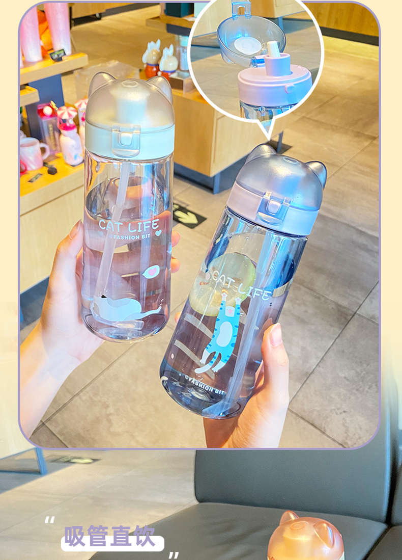 500ML卡通喵生百态塑料杯弹跳盖清新可爱吸管杯（彩盒）
