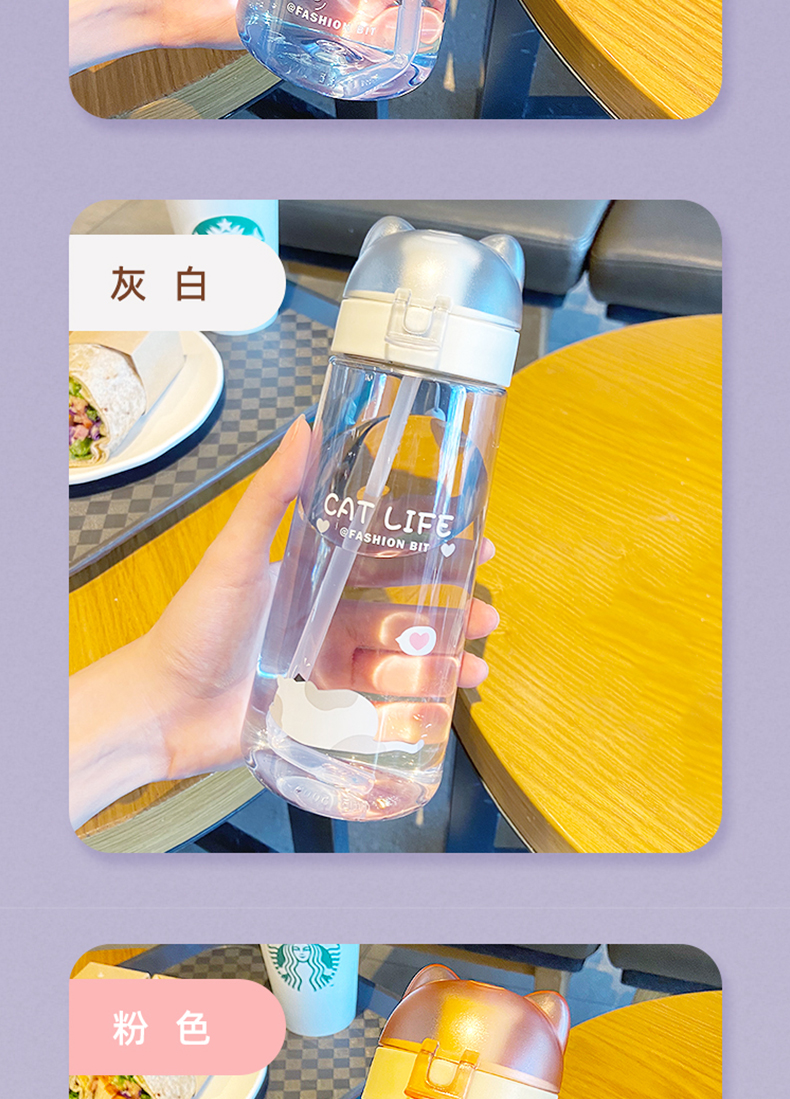 500ML卡通喵生百态塑料杯弹跳盖清新可爱吸管杯（彩盒）