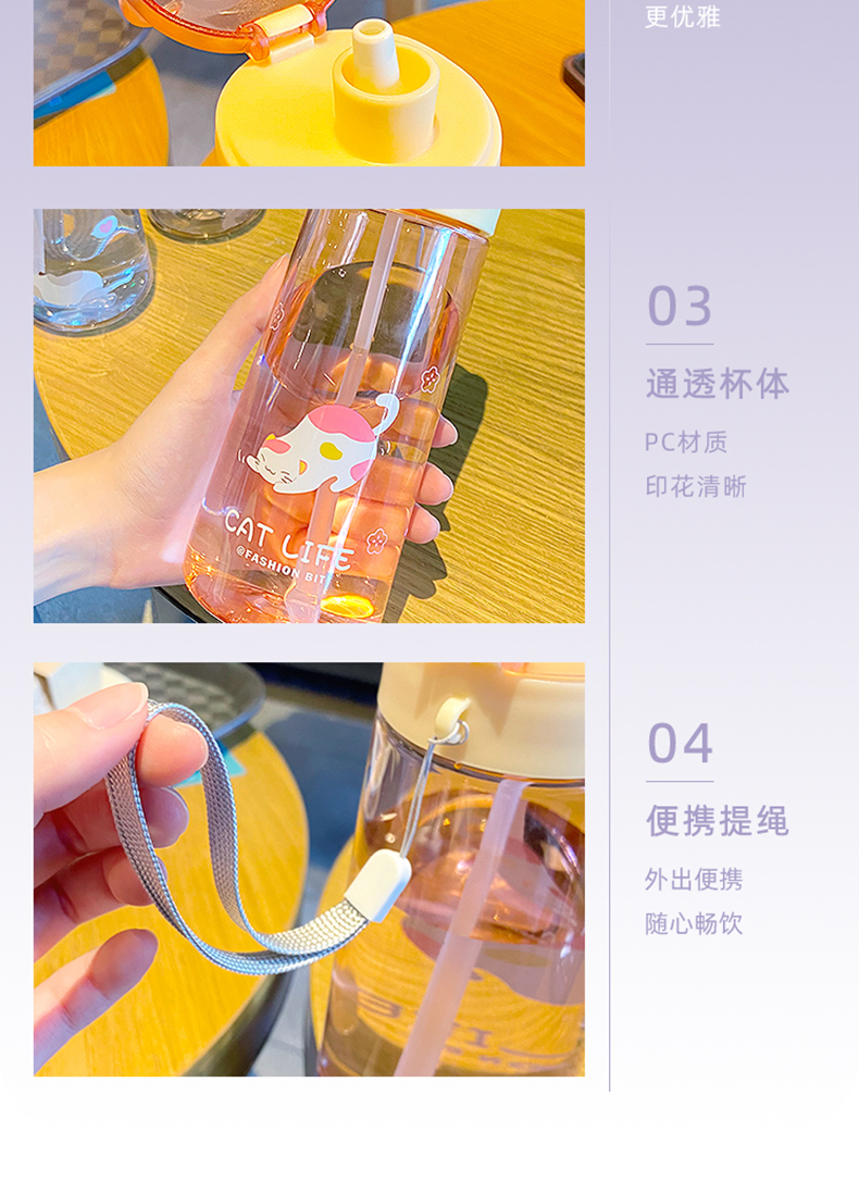500ML卡通喵生百态塑料杯弹跳盖清新可爱吸管杯（彩盒）