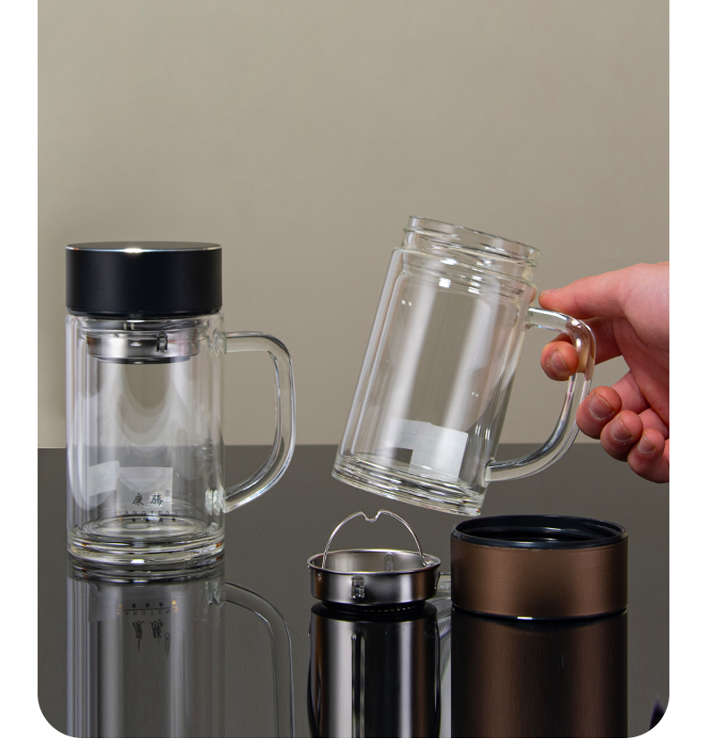 360ML手柄玻璃杯简约商务男士双层泡茶办公礼品杯子