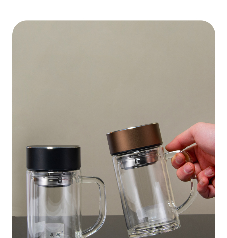 360ML手柄玻璃杯简约商务男士双层泡茶办公礼品杯子